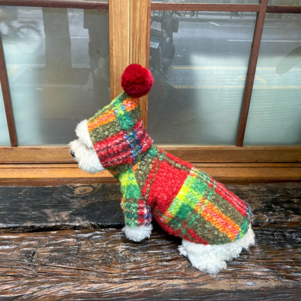 Iropaws Christmas Plaid Woolen Warm Pom Pom Hooded Dog Coat 10