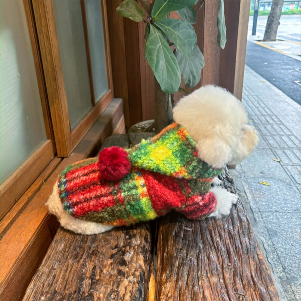 Iropaws Christmas Plaid Woolen Warm Pom Pom Hooded Dog Coat 8