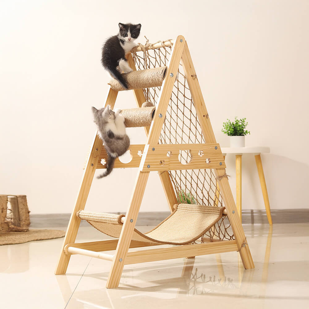 Iropaws Modern Wooden Cat Tree Funny Scratching Post with Hammock Climbing Net 1