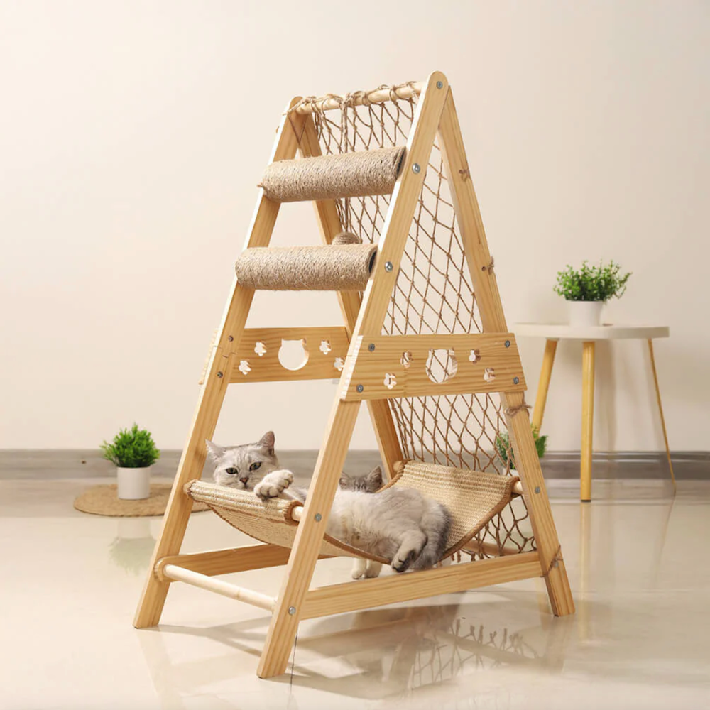 Iropaws Modern Wooden Cat Tree Funny Scratching Post with Hammock Climbing Net 2