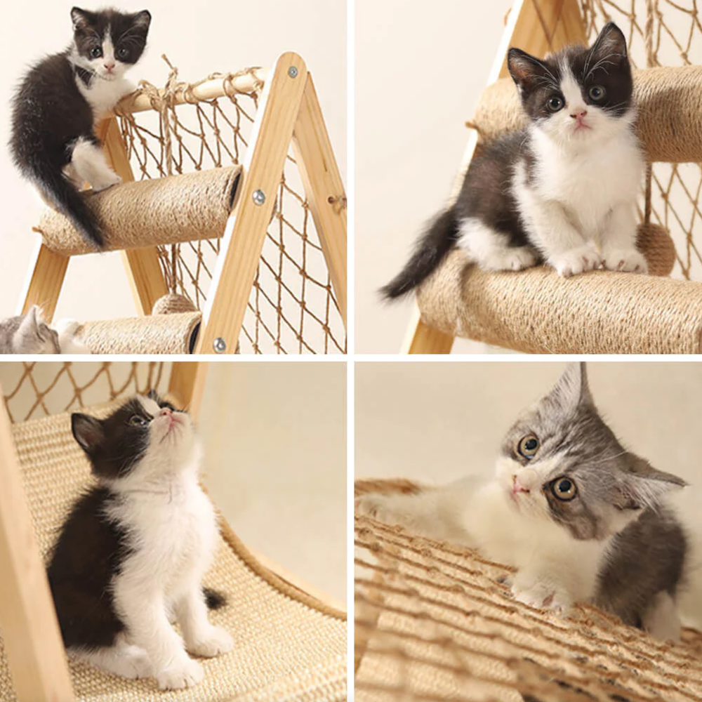 Iropaws Modern Wooden Cat Tree Funny Scratching Post with Hammock Climbing Net 4
