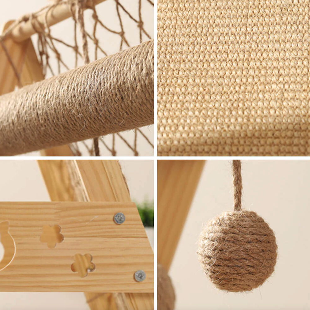 Iropaws Modern Wooden Cat Tree Funny Scratching Post with Hammock Climbing Net 6