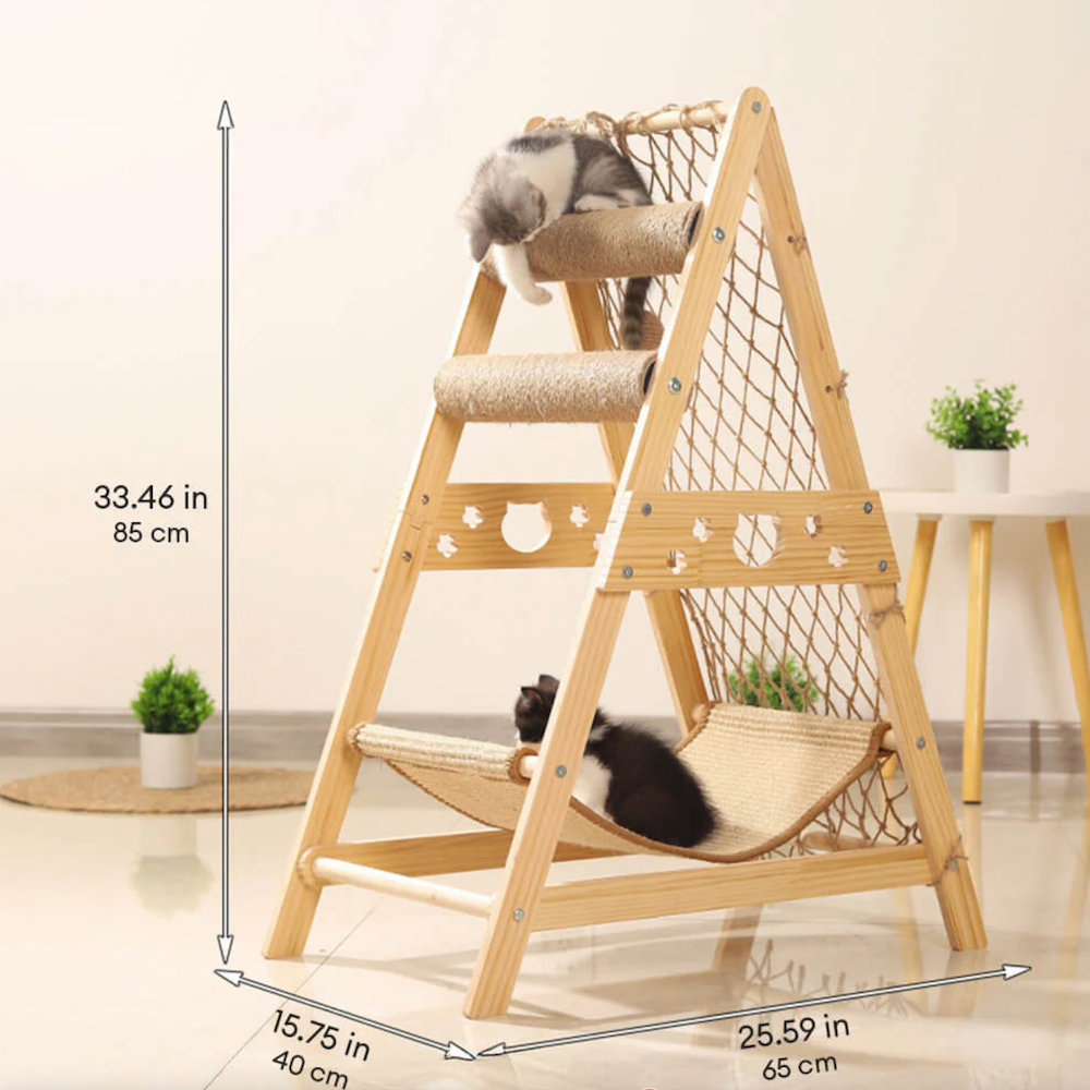 Iropaws Modern Wooden Cat Tree Funny Scratching Post with Hammock Climbing Net 7