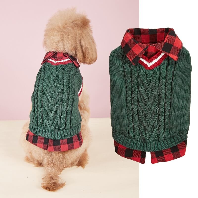 Iropaws Perfect for Fall Winter Plaid Collar Cable Knit Dog Sweater Vest 2