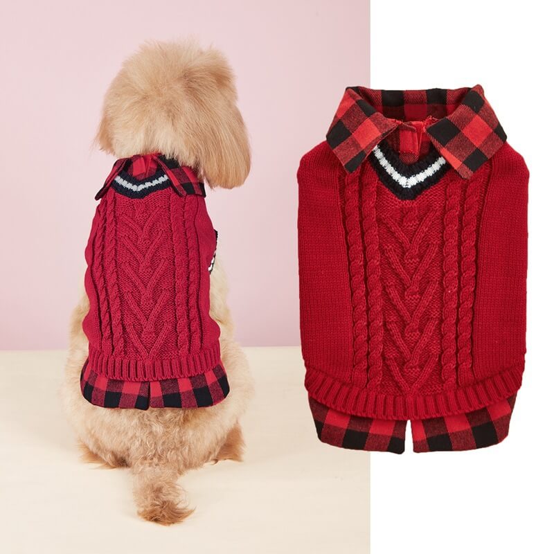 Iropaws Perfect for Fall Winter Plaid Collar Cable Knit Dog Sweater Vest 3
