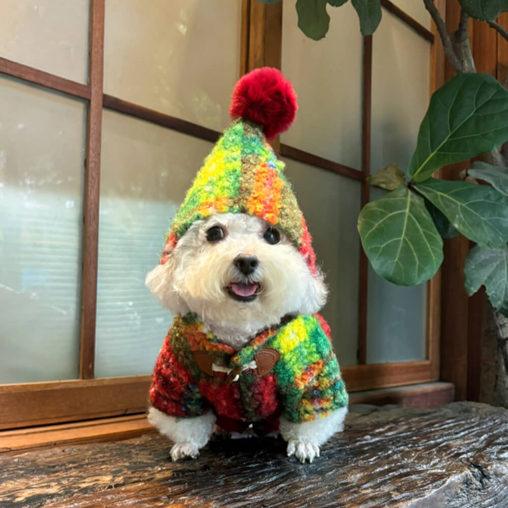 Iropaws Christmas Plaid Woolen Warm Pom Pom Hooded Dog Coat 7