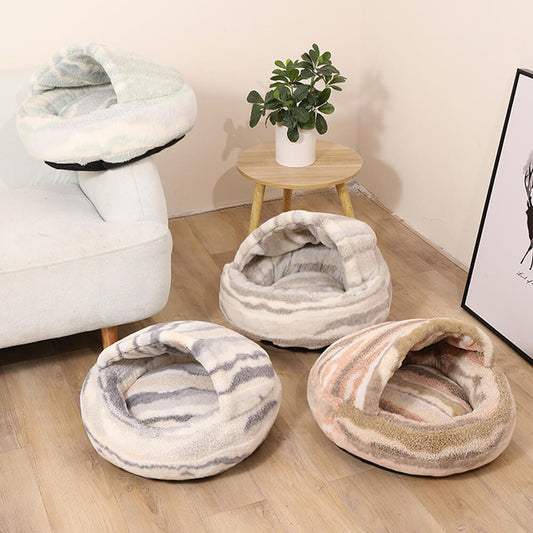 Iropaws Luxury Marble  Striped Cozy Semi-Enclosed  Cave Dog & Cat Bed 1