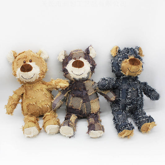 Iropaws Rustic Denim Plush Durable Chewable Squeaky Dog Toy Bear 1